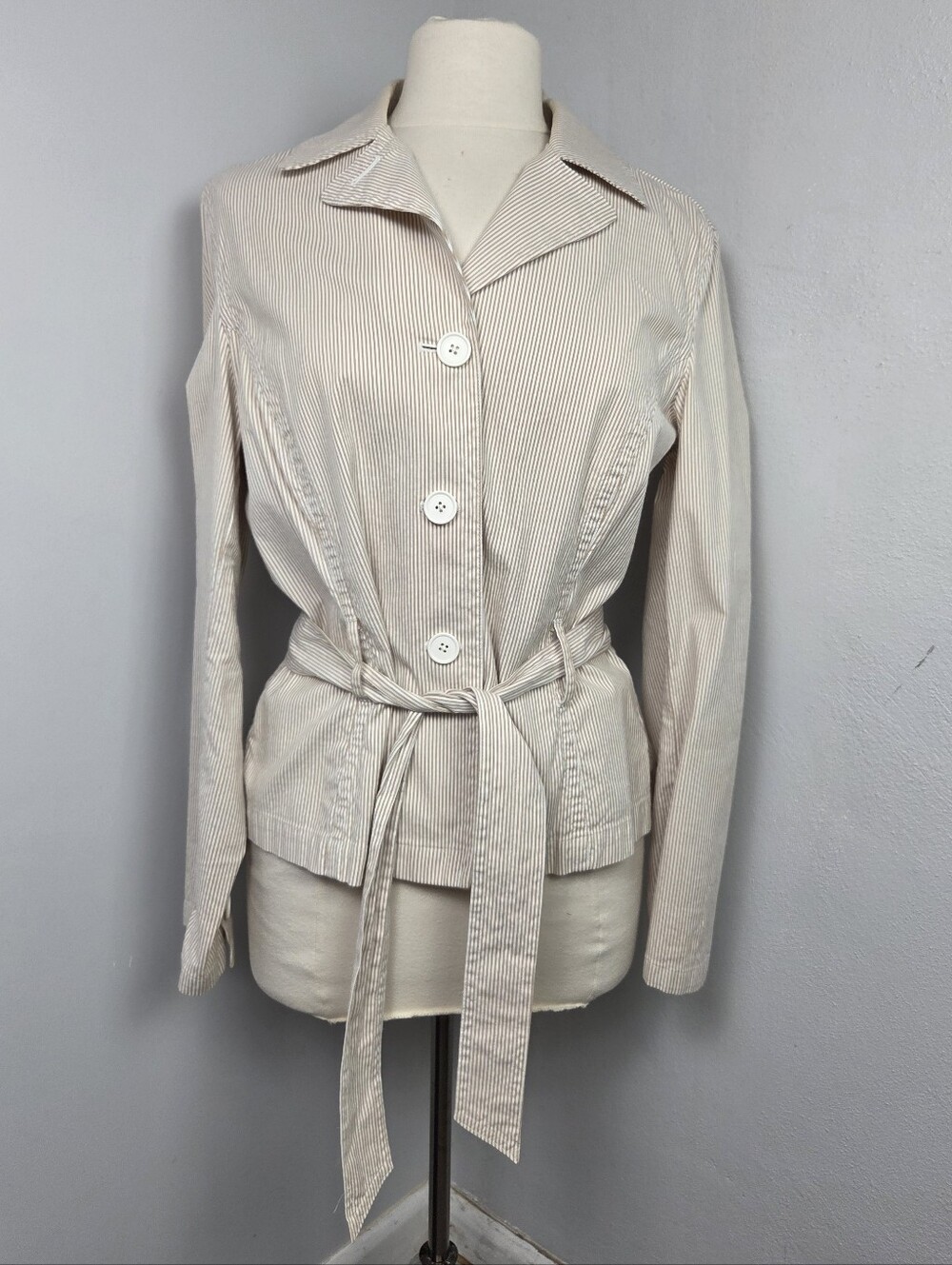 Talbots Coastal Grandma Blazer Belted Stretch Jacket 14 Beige White Pinstripe